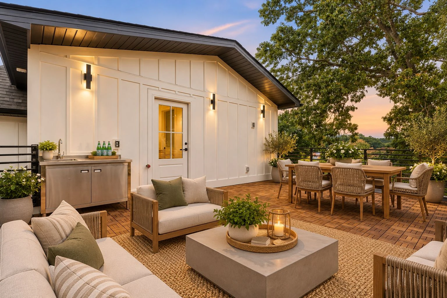 Rear rooftop deck at the Rutherford residence with virtually staged furniture